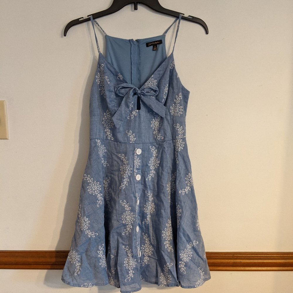 blue with white embroidered design spaghetti strap mini dress size 5 like new